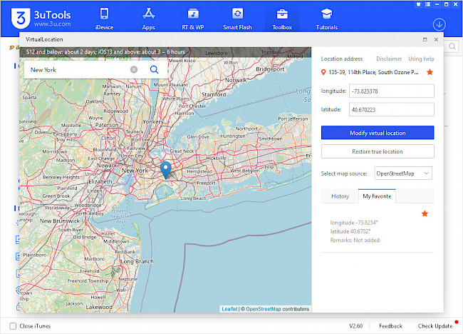 Screenshot of 3uTools Virtual Location window with fake location set to New York.