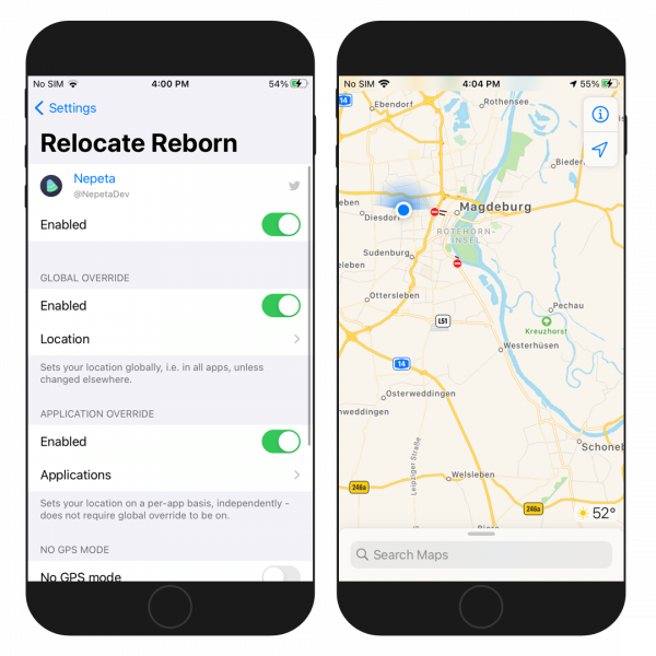 Two iPhone screens showing Relocate Reborn tweak settings page and spoofer map.