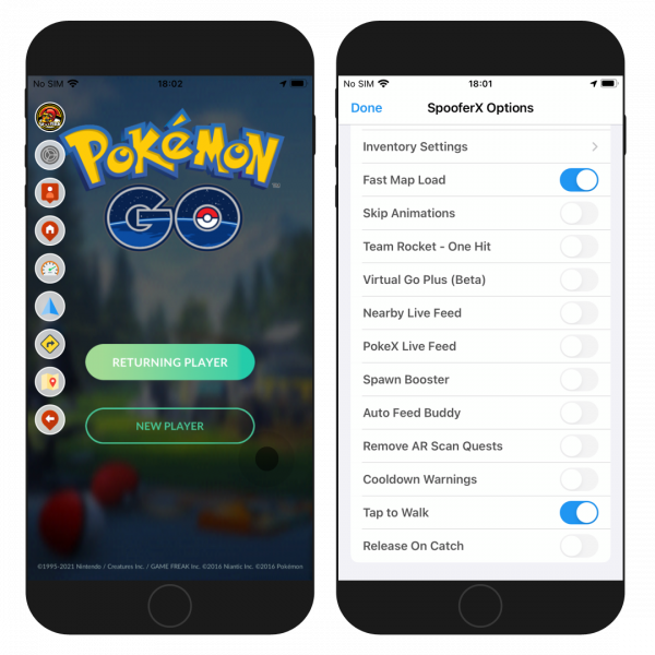 Two iPhone screens showing Pokemon GO app with SpooferX tweak on iOS 15.