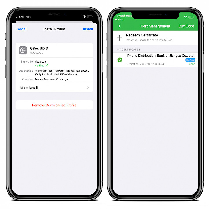 Δύο οθόνες iPhone που δείχνουν το GBox Cert Manager για iOS.