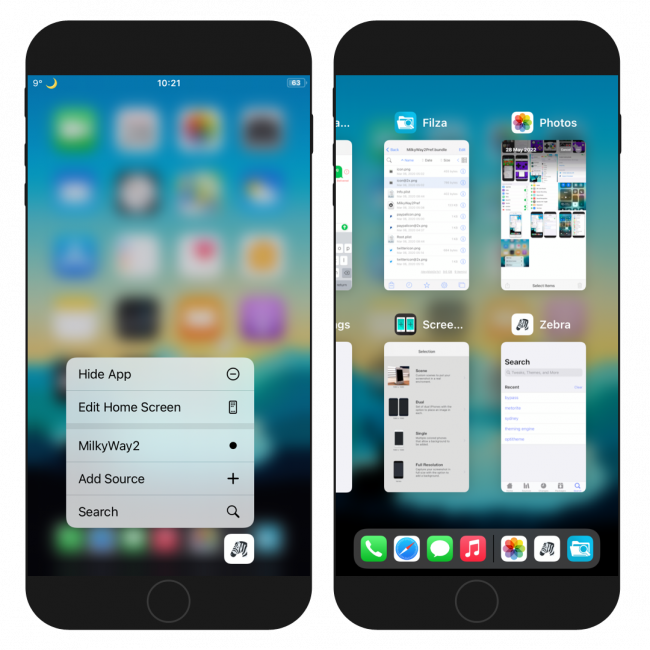 Two iPhone screens showing how to enable MilkyWay2 tweaks multitasking feature.
