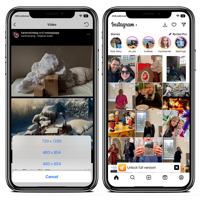 Two iPhone screens showing the option to download Instagram's photos with Rocket.