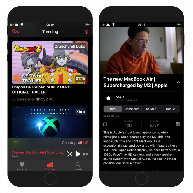 Two iPhone screens showing the interface of Yattee app for iOS.