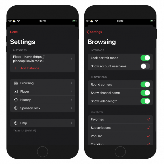 Smartphone screens showing Yattee Settings and Browsing preferences on iPhone mokeups.