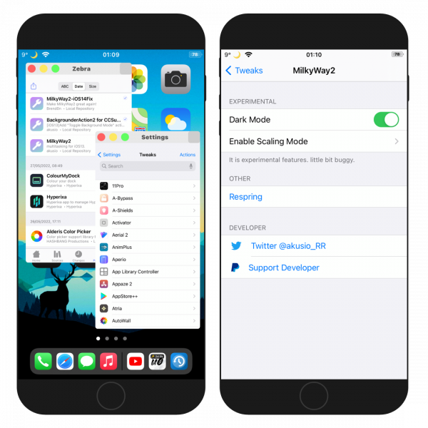 Two iPhone screens showing MilkWay2 tweak multitasking feature on iOS.