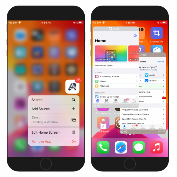 Two iPhone screens showing Zestu tweak option to create a new windows on iOS.