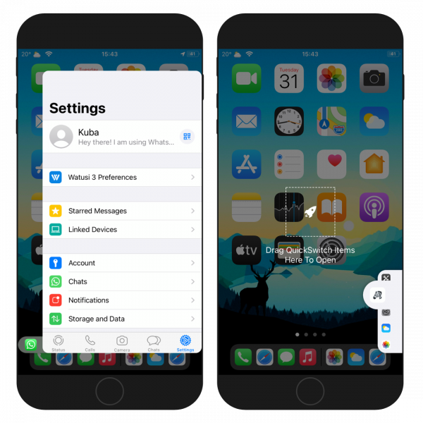 Two iPhone screens showing PullOver Pro tweak in action on iOS 14 Home Screen.