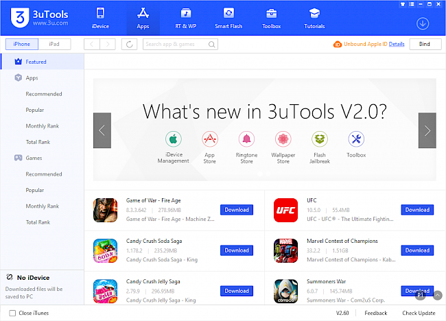 Screenshot of 3uTools for Windows opened on Apps section showing featured apps for iOS.