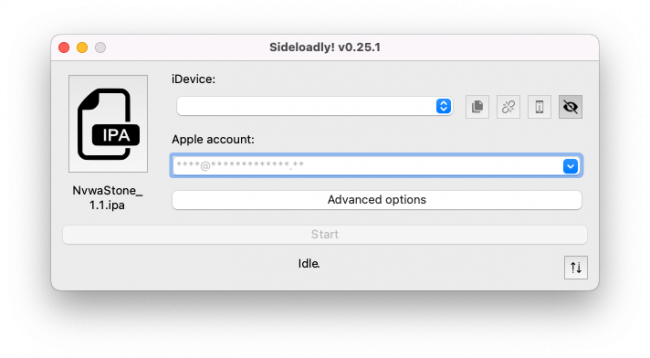 Screenshot of Sideloadly app on Windows with loaded NvwaStone IPA file.