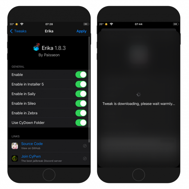 Two iPhone screens showing the Erika tweaks interface, preference pane and progress of downloading a tweak.