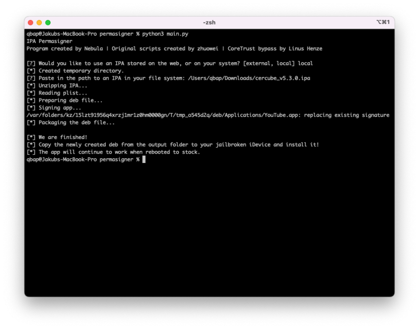 Skærmbillede af ødelagt IPA Permasigner-script i macOS Terminal-appen.
