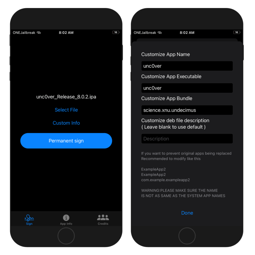 To iPhone-skærme, der viser PermasigneriOS-appens brugerflade, der kører på iOS 14.