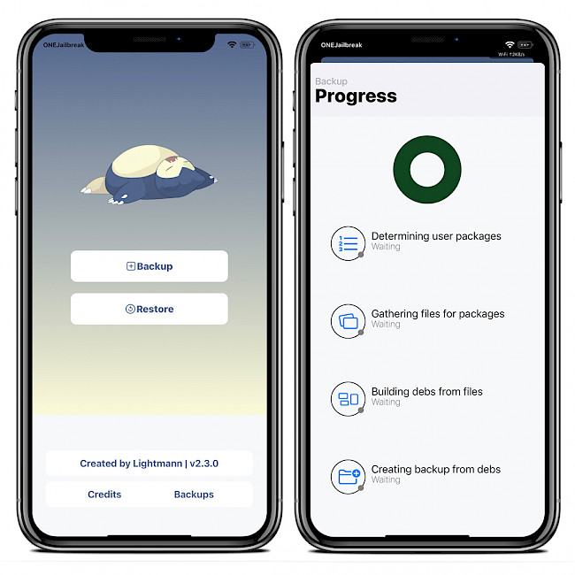 Two iPhone screens showing the IAmLazy main interface and tweak backup progress on iOS.