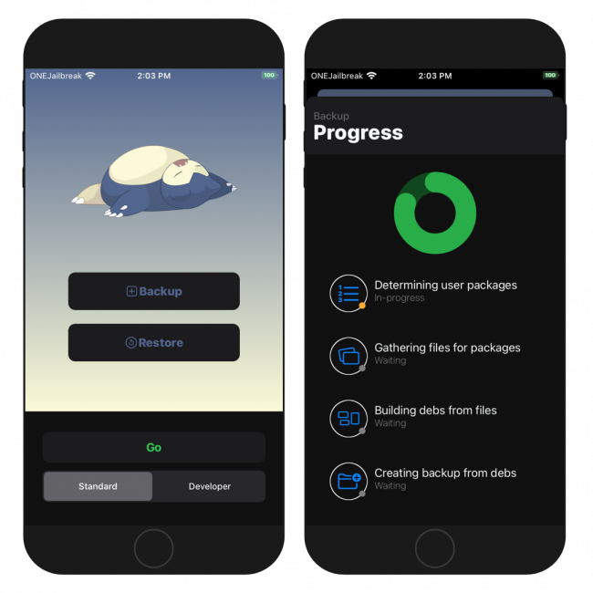 Two iPhone screens showing the IAmLazy main interface and tweak backup progress on iOS.