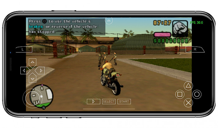 Screenshot of iPhone screen with PPSSPP for iOS running GTA game.