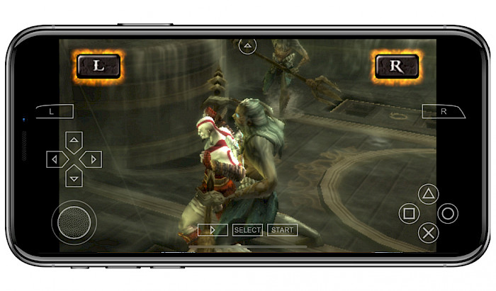 Screenshot of iPhone screen with PPSSPP for iOS 15 running God of War game.