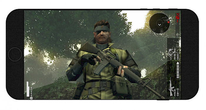 Screenshot of iPhone screen with PPSSPP app running Metal Gear Solid on iOS.