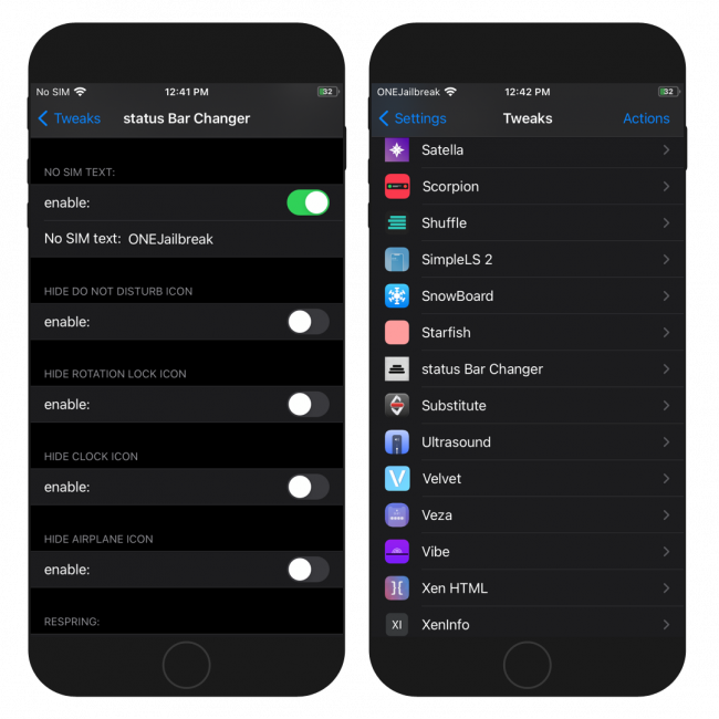 Two iPhone screens showing the Status Bar Changer tweak configuration pane in Settings app.