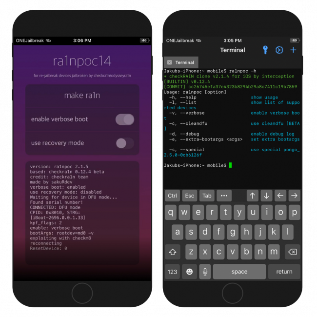 Two iPhone screens showing the Ra1npoc14 Jailbreak and ra1npoc app on iOS 14.