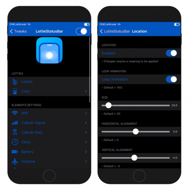 Two iPhone screens showing the LottieStatusBar tweak settings interface on iOS 14.
