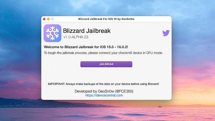 Screenshot of Blizzard Jailbreak for iOS 15 installer running on macOS.