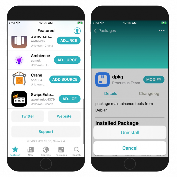 Two iPhone screens showing Sileo package manager installed on iOS 15 with Blizzard Jailbreak.