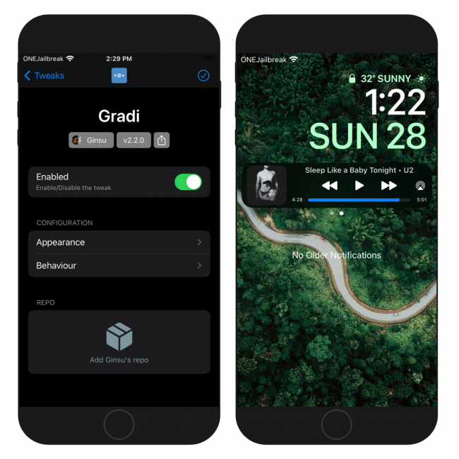 Two iPhone screens showing the Gradi tweak interface on Lock Screen and the settings pane.
