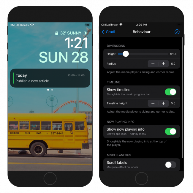Two iPhone screens showing the Gradi tweak Behaviour settings and new Lock Screen widget.
