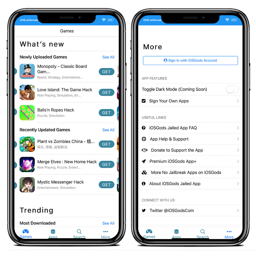 To iPhone-skærme, der viser iOSGods-appens brugerflade og indstillinger.