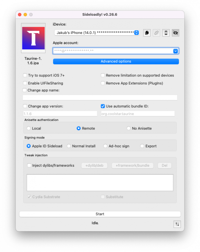 Screenshot of iOSGods Sideloadly application running on macOS.