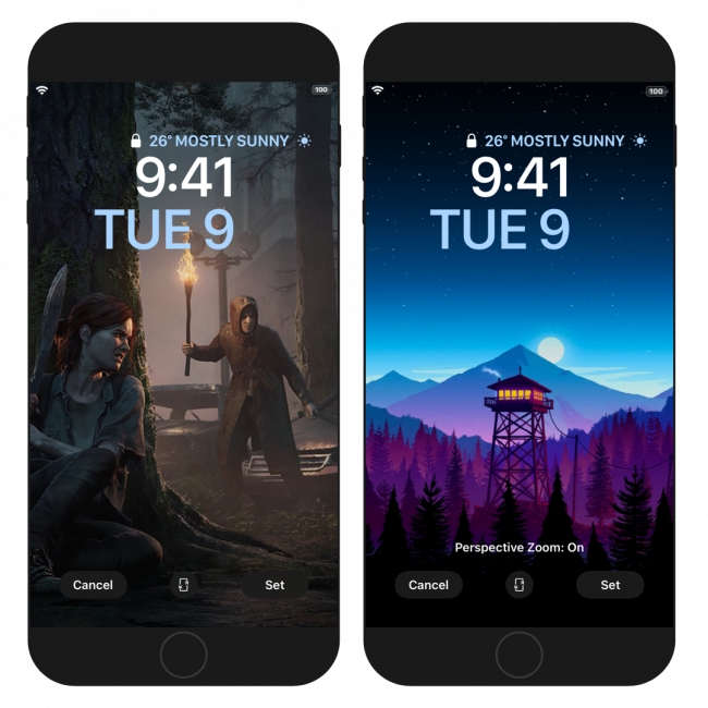 Two iPhone screens showing two different wallpapers installed with DarkPapers tweak.