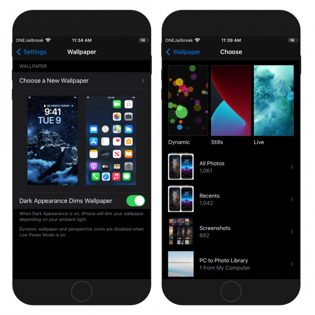 Two iPhone screens showing the Wallpapers section inside the Settings app on iOS 14.
