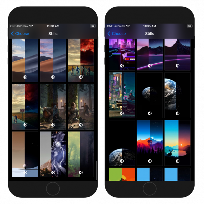 Two iPhone screens showing the list of installed with DarkPapers dark/day wallpapers.