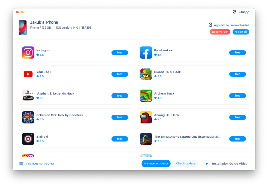 Skærmbillede af TutuApp App Stores hovedgrænseflade til pc, der kører på macOS.