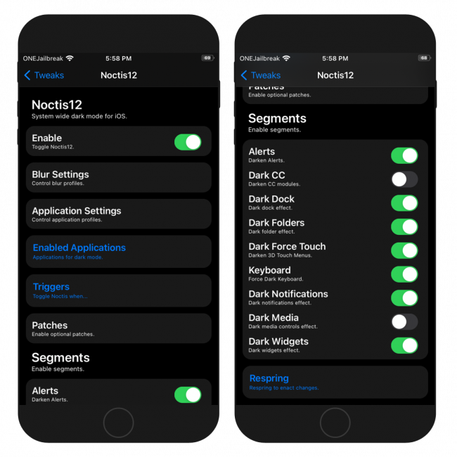 Two iPhone screens showing the Noctis12 tweak preference pane in Settings app.