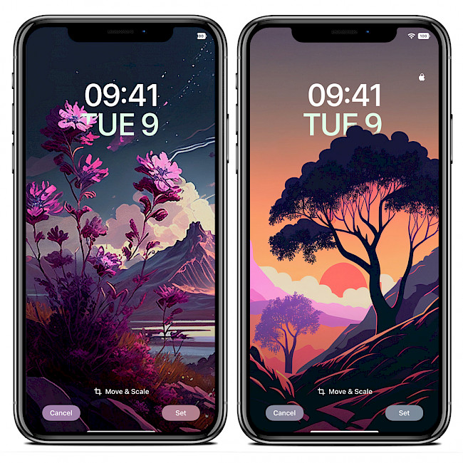Two iPhone screens showing example wallpapers generated by Exiwall tweak on iOS 15.
