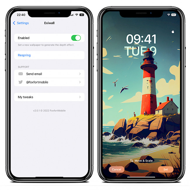 Two iPhone screens showing the Exiwall tweak preference pane and a generated depth wallpaper on iOS 15.
