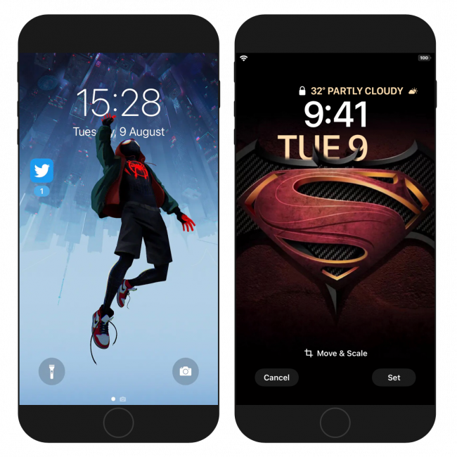 Two iPhone screens showing example wallpapers generated by Exiwall tweak on iOS 14.