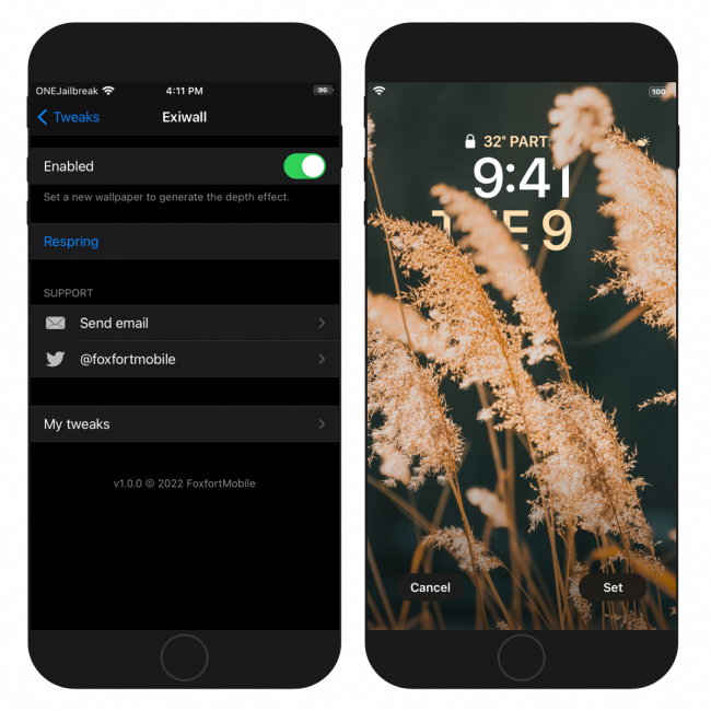 Two iPhone screens showing the Exiwall tweak preference pane and a generated depth wallpaper.