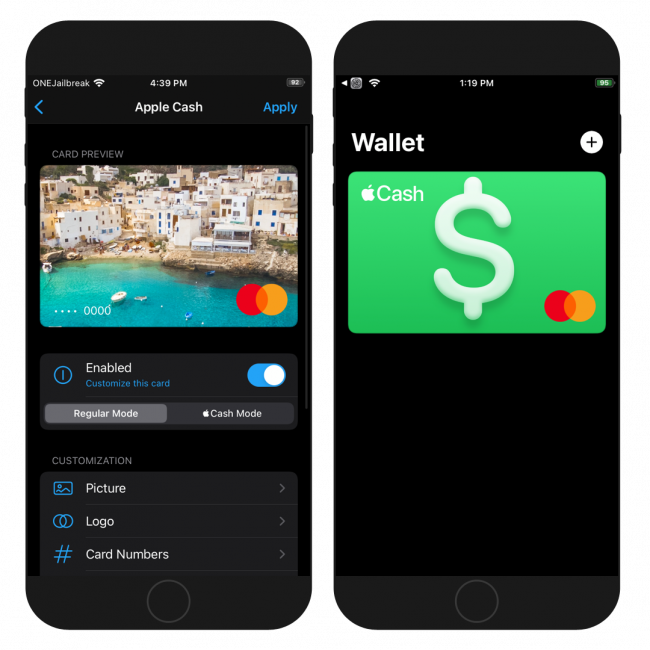 Two iPhone screens showing customized Apply Pay cards on iOS 14 with Sydney tweak.