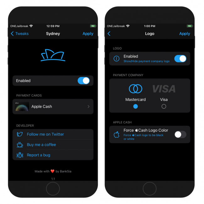 Two iPhone screens showing the Sydney tweak preferences pane in Settings app.