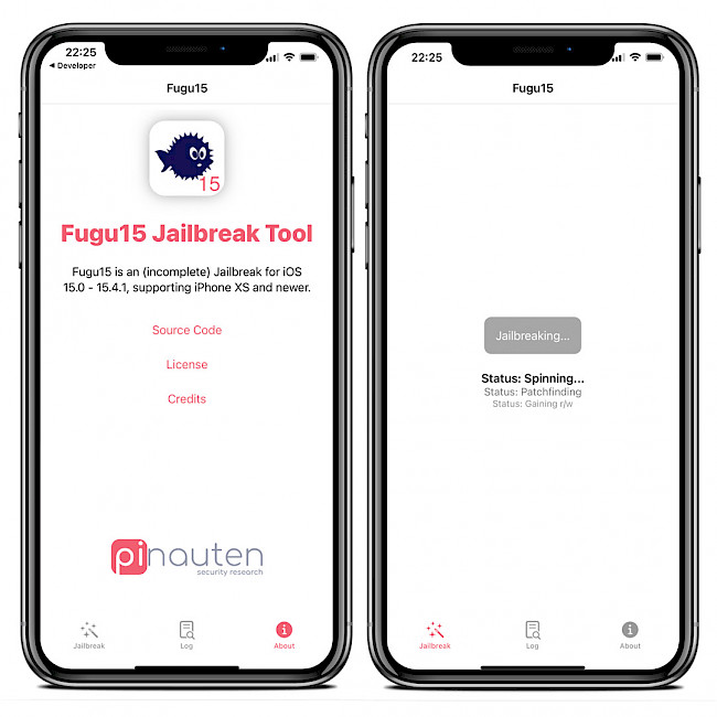Two iPhone screens showing the Fugu15 Jailbreak app interface running on iOS 15.