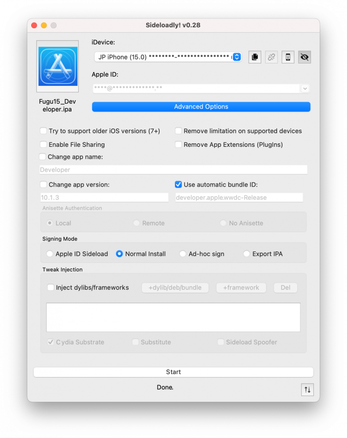 Screenshot of Sideloadly configuration to install Fugu15 IPA for iOS 15.