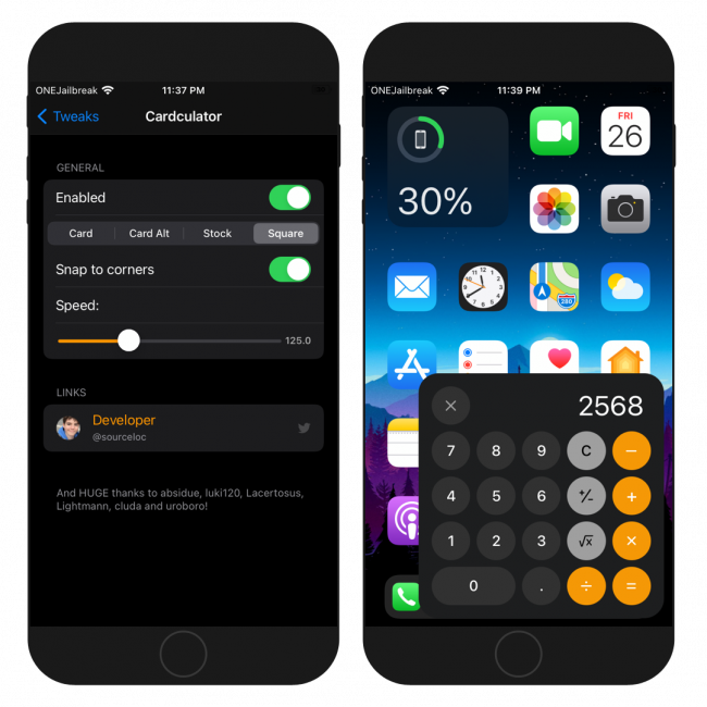 Two iPhone screens showing Cardculator tweaks preference pane and floating Calculator window.