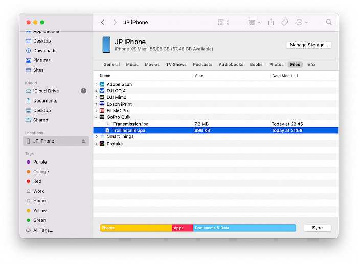 Screenshot of Finder app on macOS displaying how to upload an IPA on the device.