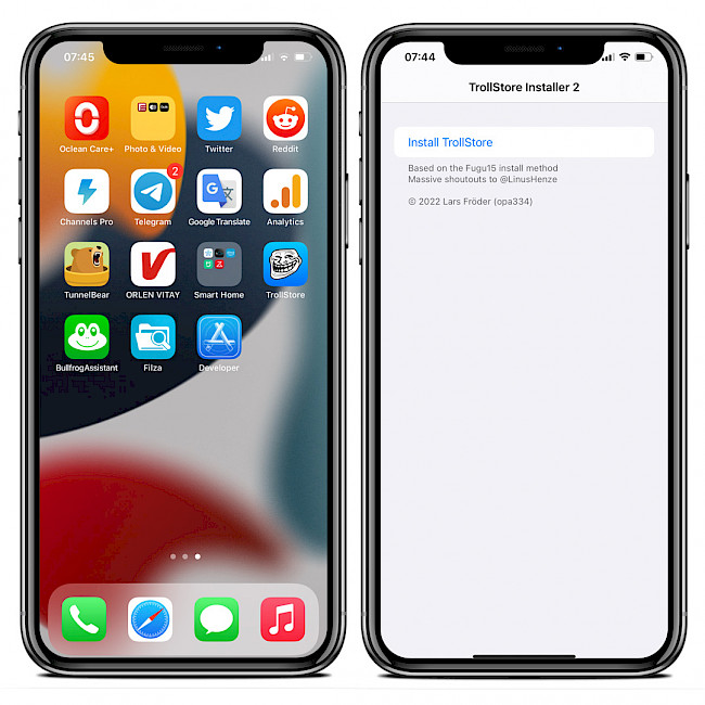 Screenshot of TrollStore Installer 2 running on iPhone XS Max with installed iOS 15.