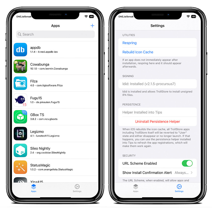 To iPhones, der viser TrollStore-appen på iOS 15.