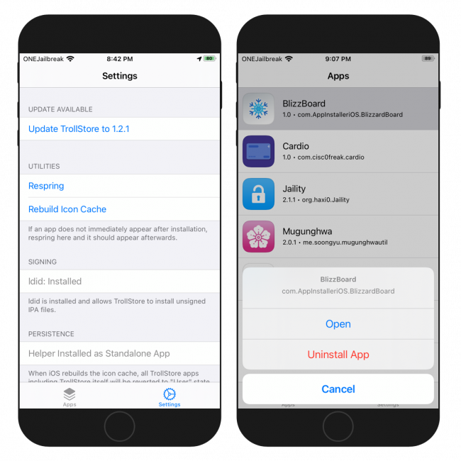iPhone screen showing the TrollStore OTA Update mechanizm on app Settings page.
