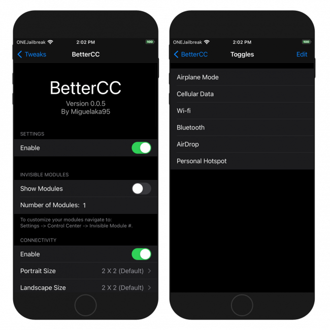Two iPhone screens showing the BetterCC Preference page in the Settings app on iOS.