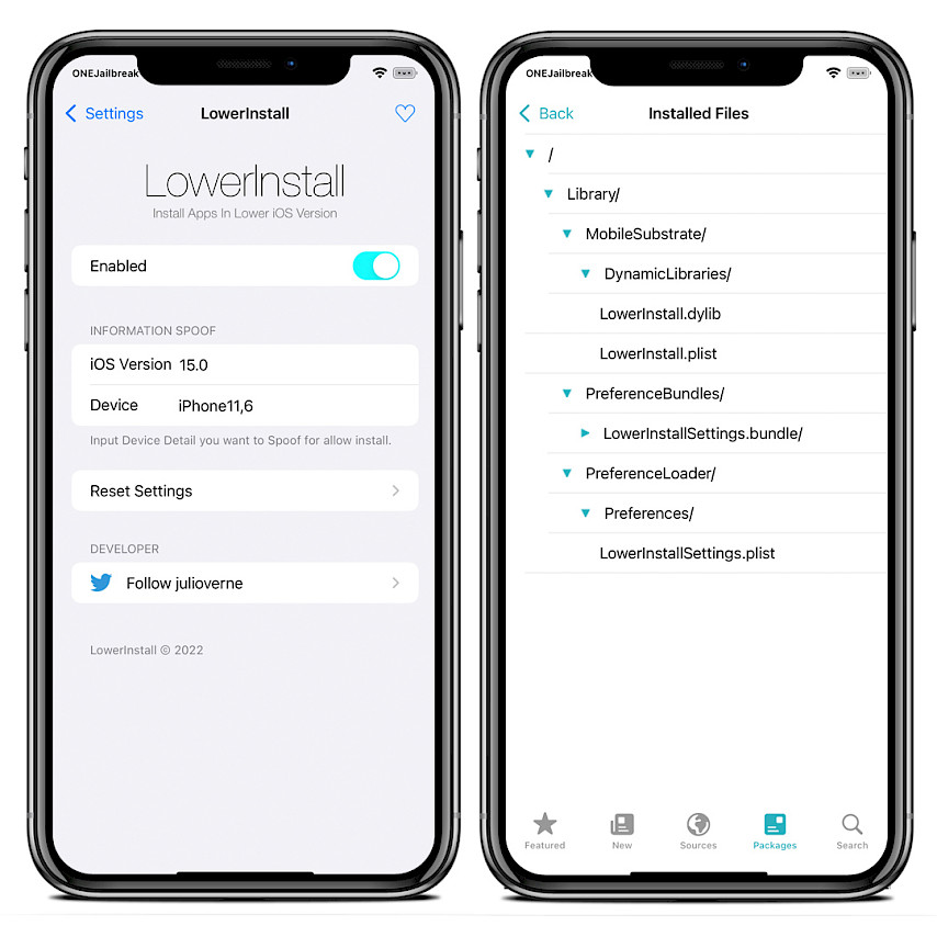 Two iPhone screens showing the LowerInstall tweak preferences and installed files.